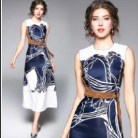 New White and Navy Horse-Belt -accent Midi dress | size S - Picture 6 of 8
